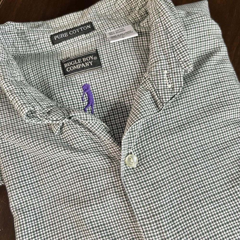 Vintage Bugle Boy Shirt Men's L Green White Check Button Down Cotton *FLAW